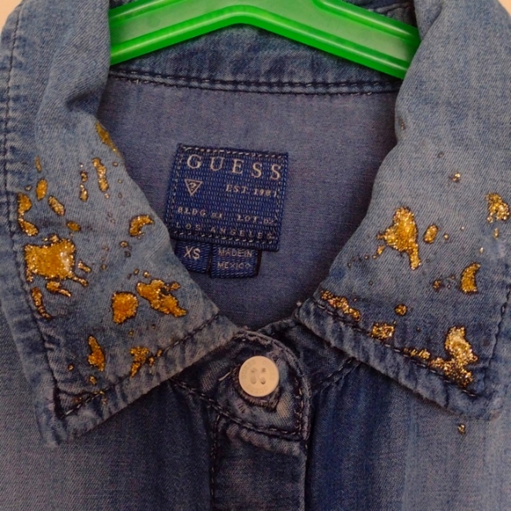 Guess Denim Button-Down Shirt with Gold Glitter Accents